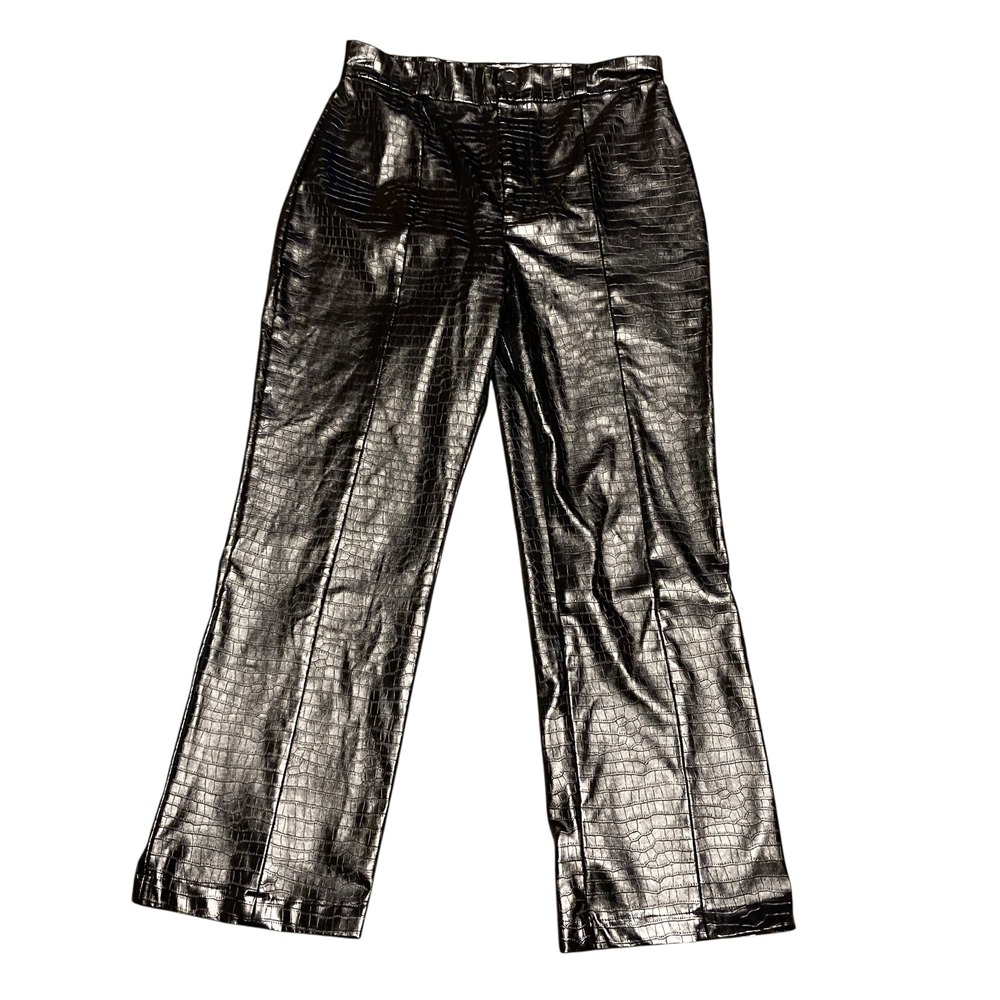 Metallic Black Croc Embossed Faux Leather Straight Leg Pants High Rise 57378PB